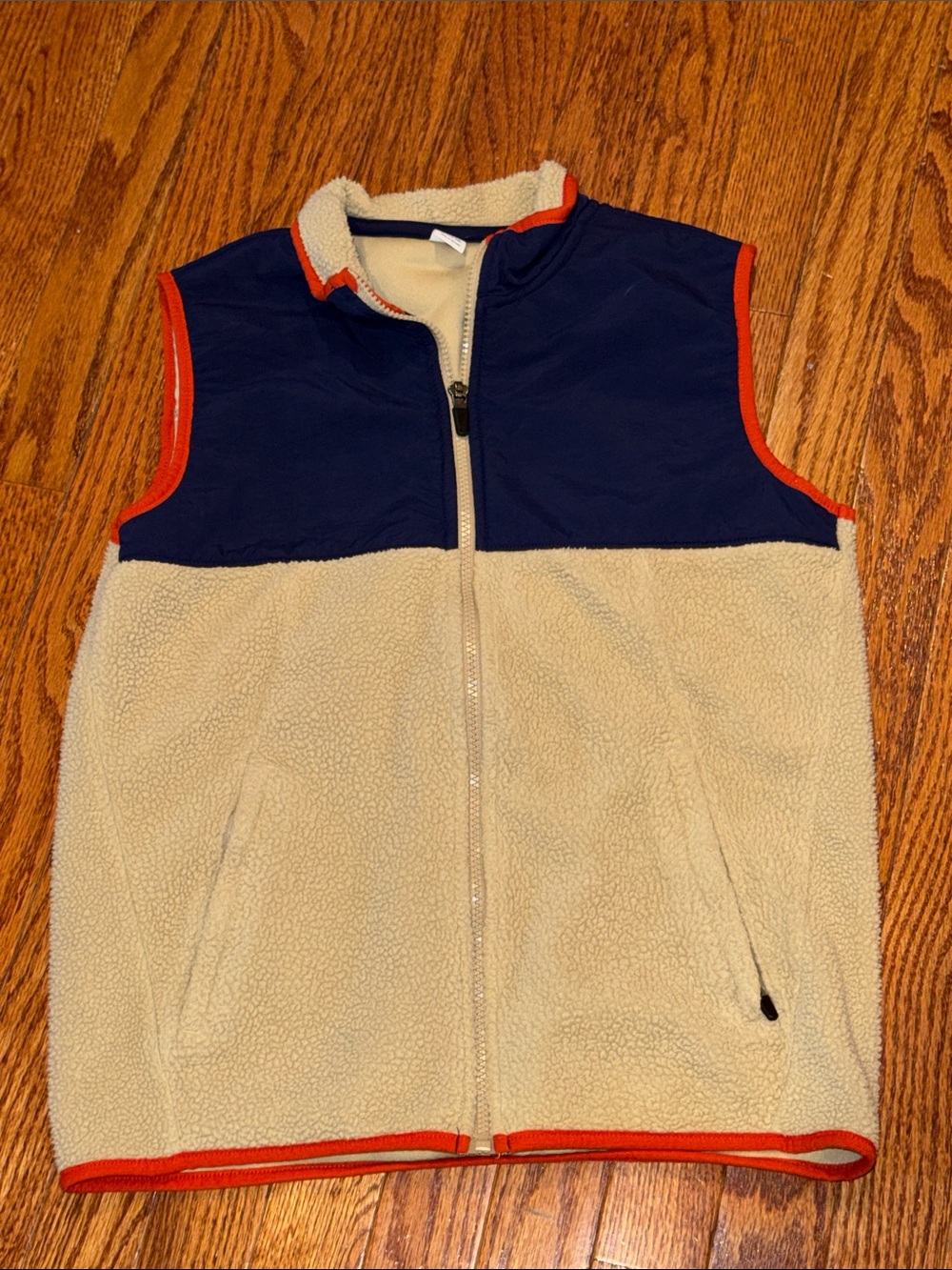 Boys Old Navy Cream Fleece Vest with Navy Yoke and orange Trim